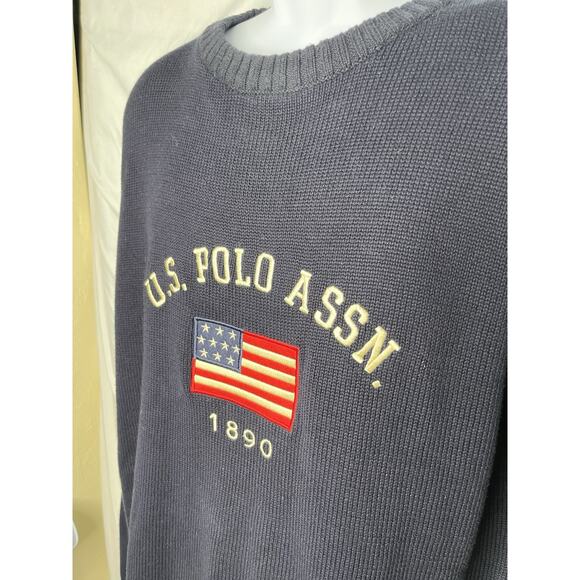 US Polo Assn USA Flag Knit Sweater Pullover Size XL Blue All Cotton Vintage 90s - Picture 3 of 6